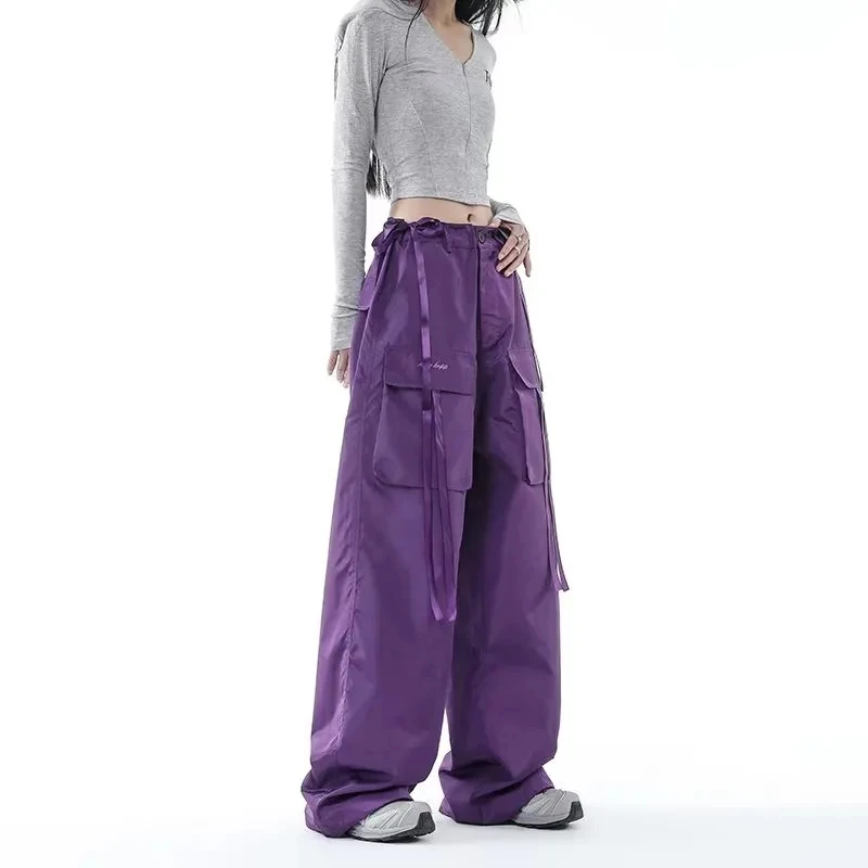 Hip Hop Streamer Purple Y2k Baggy Cargo Pants Women High Streetwear Vintage Trousers High-Waist Pockets Bunched Leg StreetPants