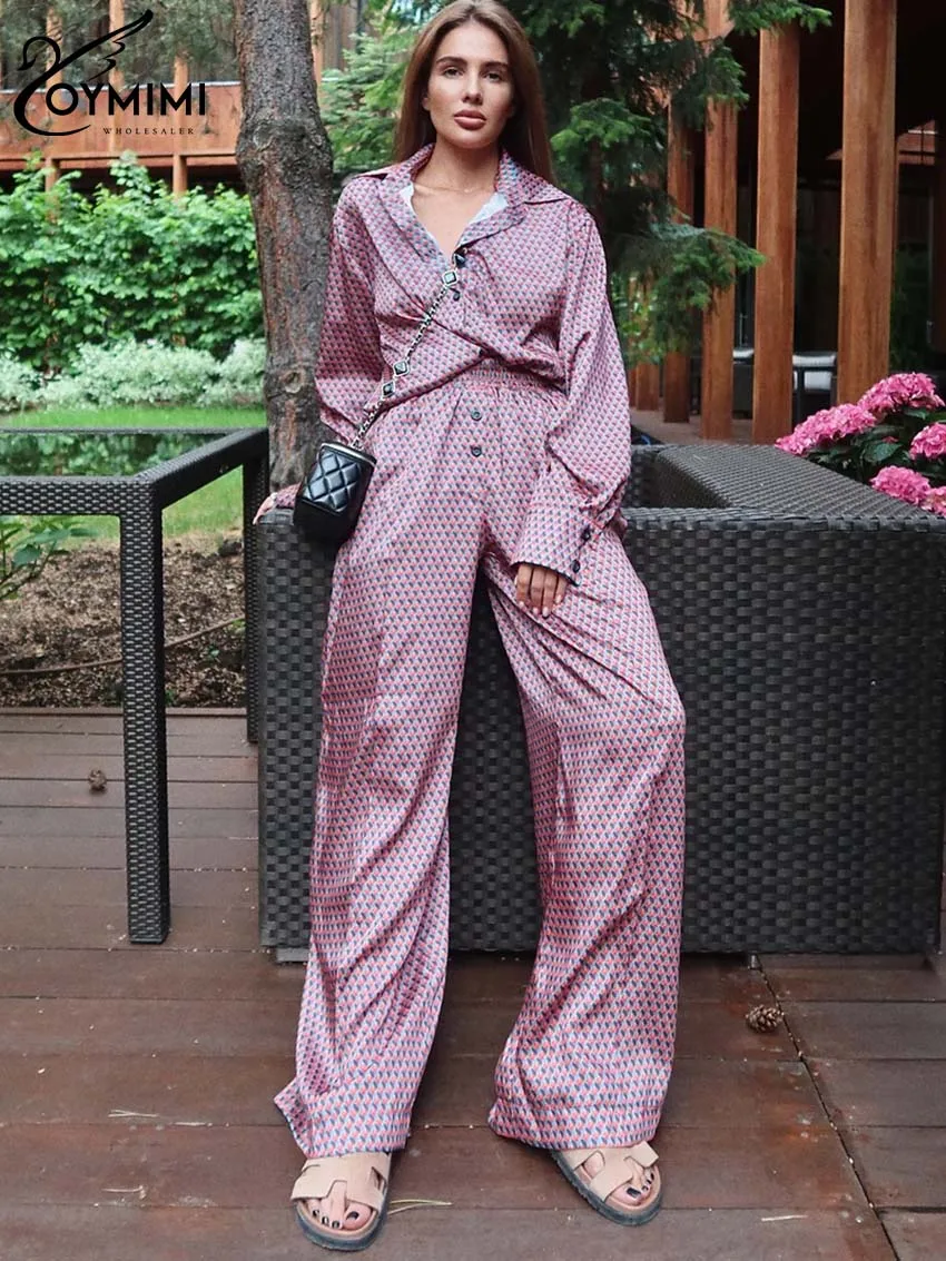 

Oymimi Causal Pink Red Print Sets Womens 2 Piece Elegant Long Sleeve Button Shirts And High Waisted Straight Trousers Female Set