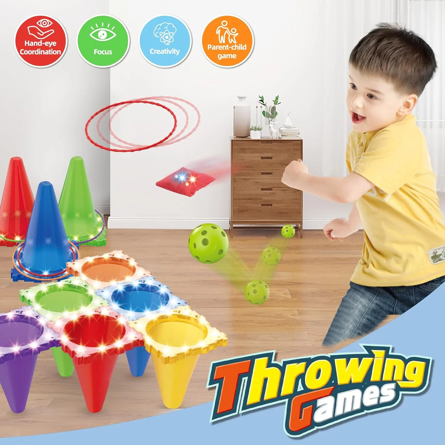 1セット多機能屋外投げゲームセット、リングとビーンバッグとボール付きプラスチックコーン、3-in-1カーニバル投げリング-ビーンバッグ-ボール