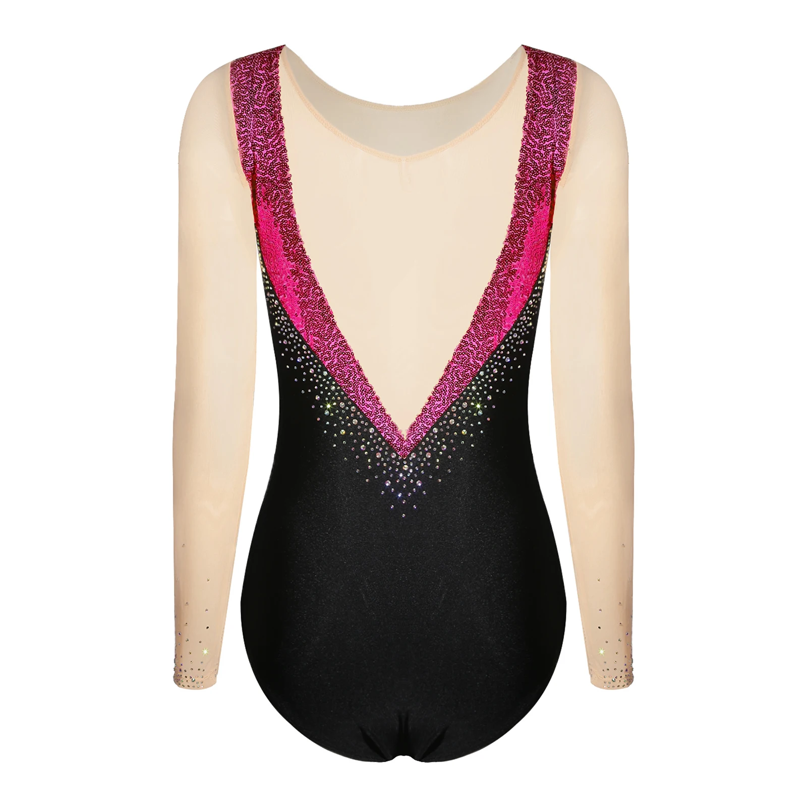 Donne Ginnastica Balletto Artistico Jersey Body Pattinaggio di Figura Costume Sheer Mesh Lucido Paillettes Body Manica Lunga Body
