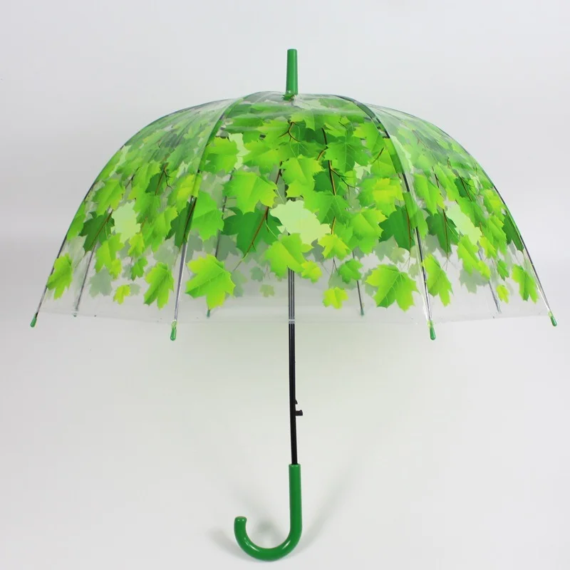 Long Handle Transparent Small Umbrella Clear Baking Paint Summer Green Autumn Maple Leaves Creative Kids Umbrella