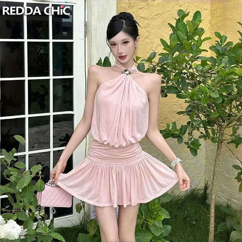ReddaChic Metallic Halter Top Skirt Women 2-piece Set Cute Modal Off Shoulder Camisole Ruffle Mini Skirt Lounge Summer Clothes
