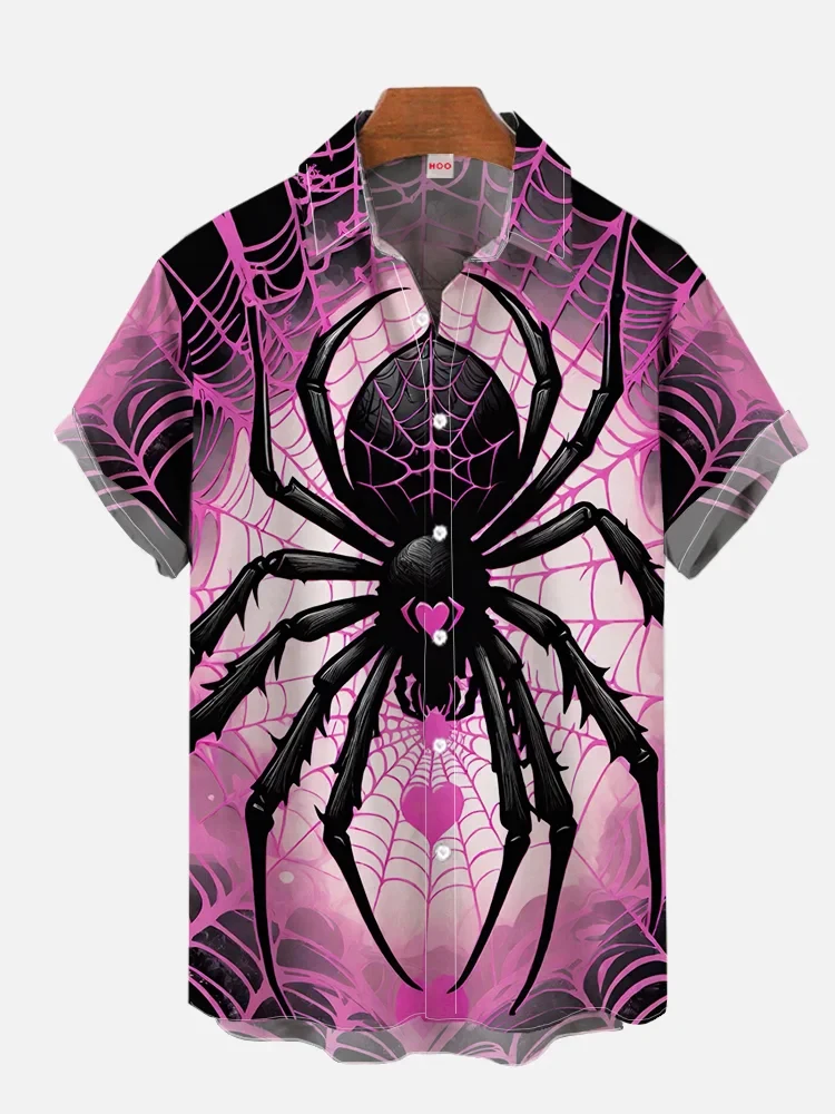 2024 New Men's Casual Shirt Short Sleeve 3D Printed Halloween Spider Web Printed Single Breasted Shirt Men's Loose Clothes