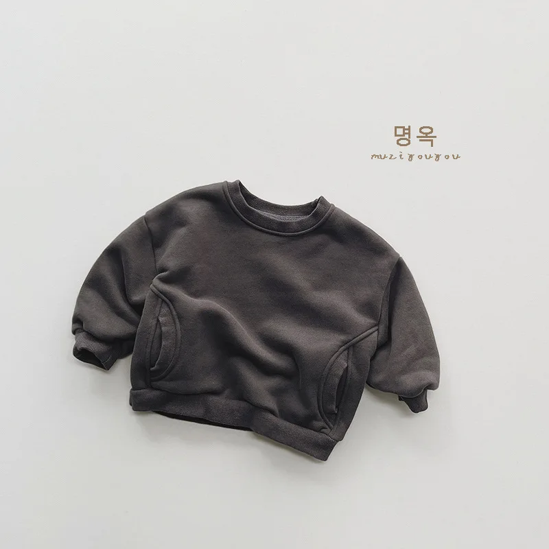 2024 Winter New Baby Long Sleeve Fleece Sweatshirt Infant Boy Girl Solid Warm Pullover Plus Velvet Thick Toddler Casual Clothes