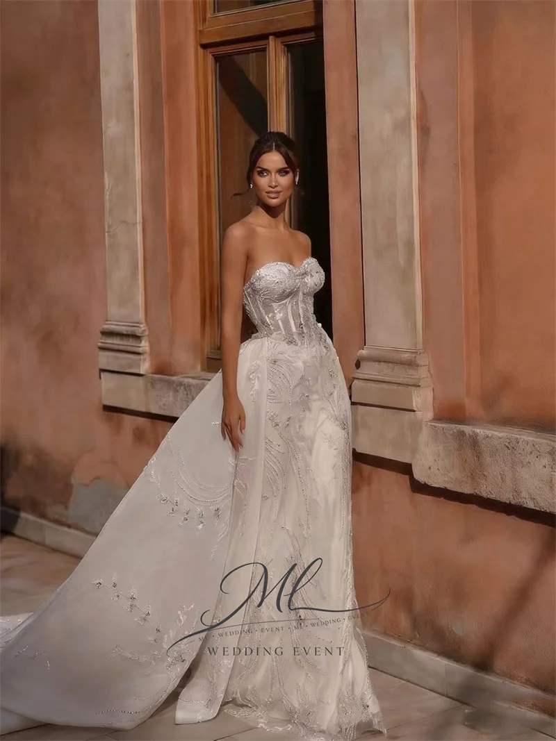 ML Luxurious Wedding Dress Mermaid Sleeveless Beading Lace Bride Gown Sweetheart Detachable tail Vestidos De Novhe Customised