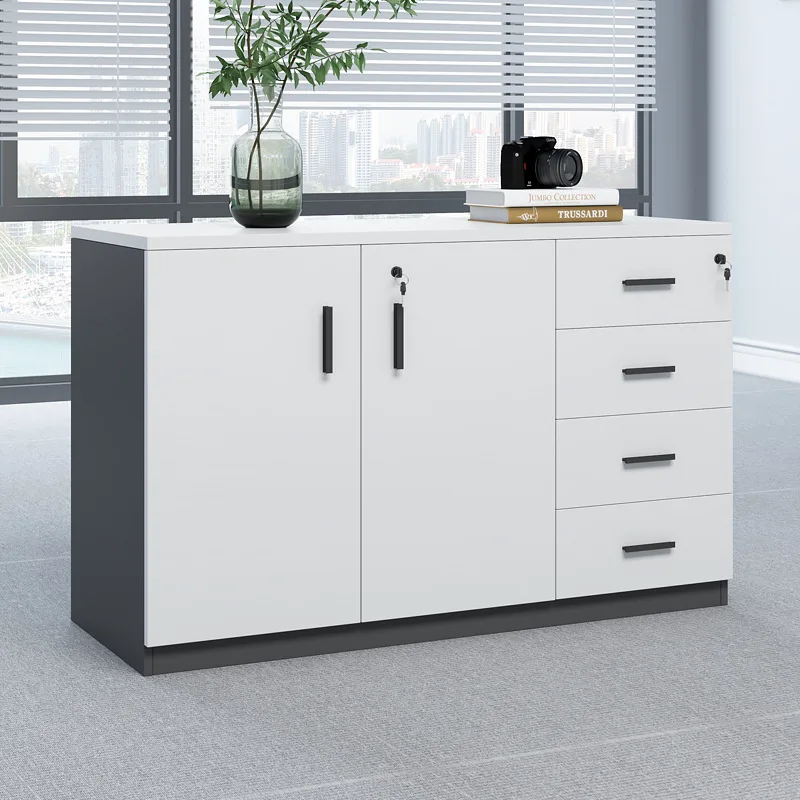 F*-White  Lockable Desk Side Filing Cabinet with Multi-Compartment Storage& Dark Grey Office Credenza,