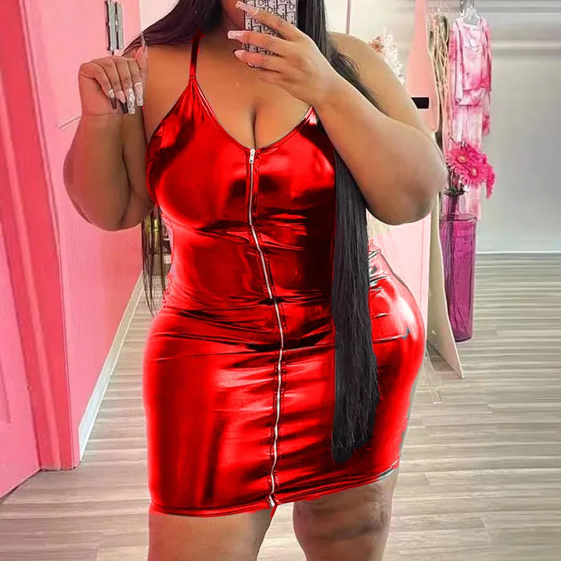 

2025 Summer Women's Nightclubs Dress Sexy Sling Zipper PU Leather Bodycon Mini Dresses Tight Mujer Vestido Plus Size 3XS-10XL