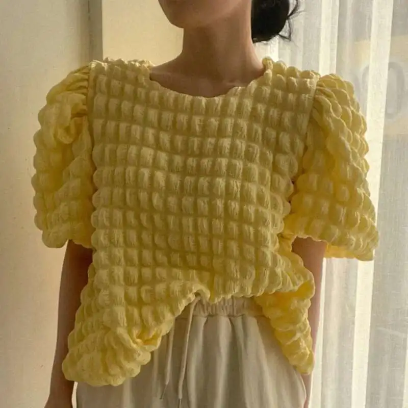 

Chic Plaid Yellow Tops High Strecth Design Women Sweet Puff Sleeve O-neck Loose Pullover Shirt Summer New Blusas