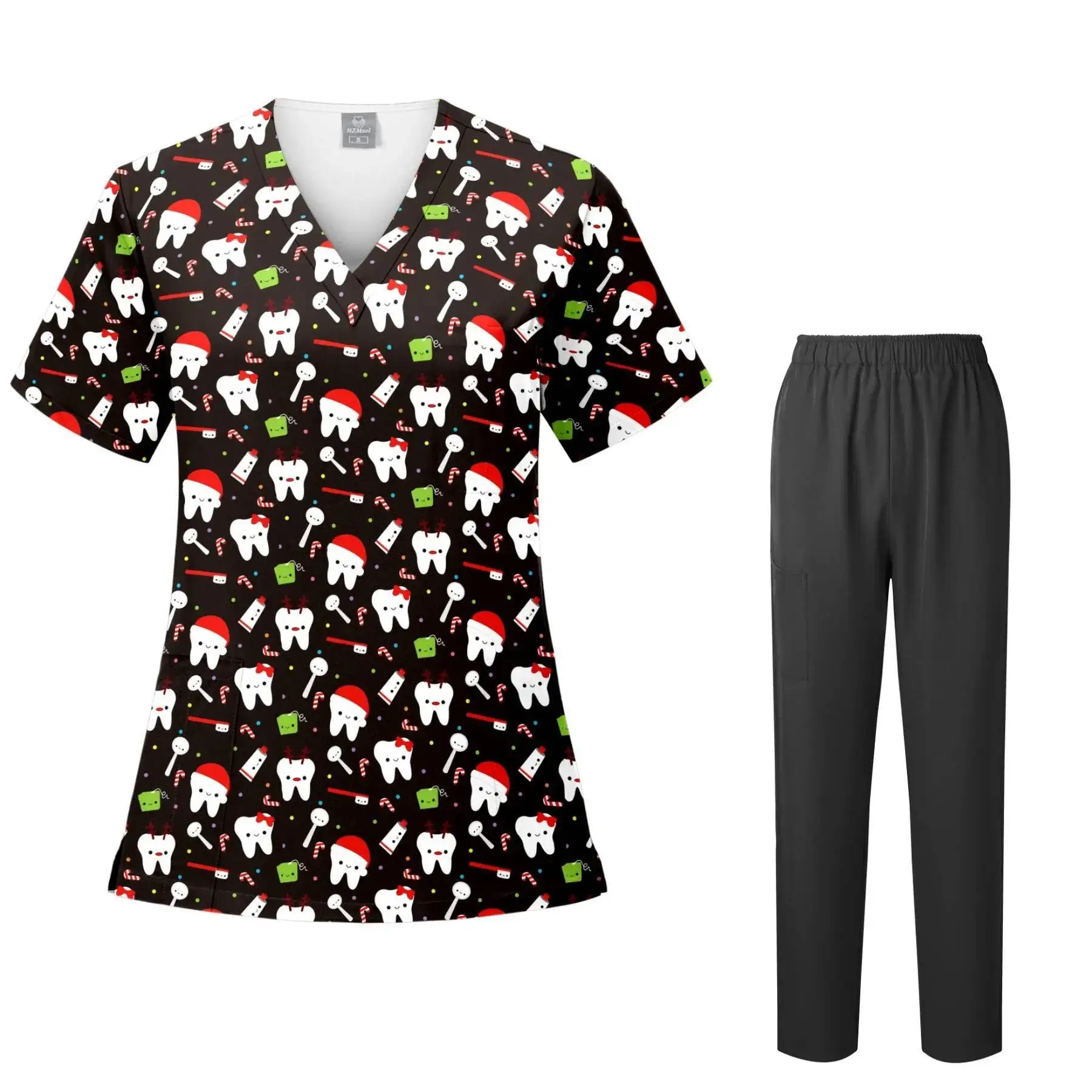 

Women's Hospital Halloween Cartoon Print Dental Nurse Tops V-Neck Short Sleeve With Pocket Tee Medical Uniform For Women