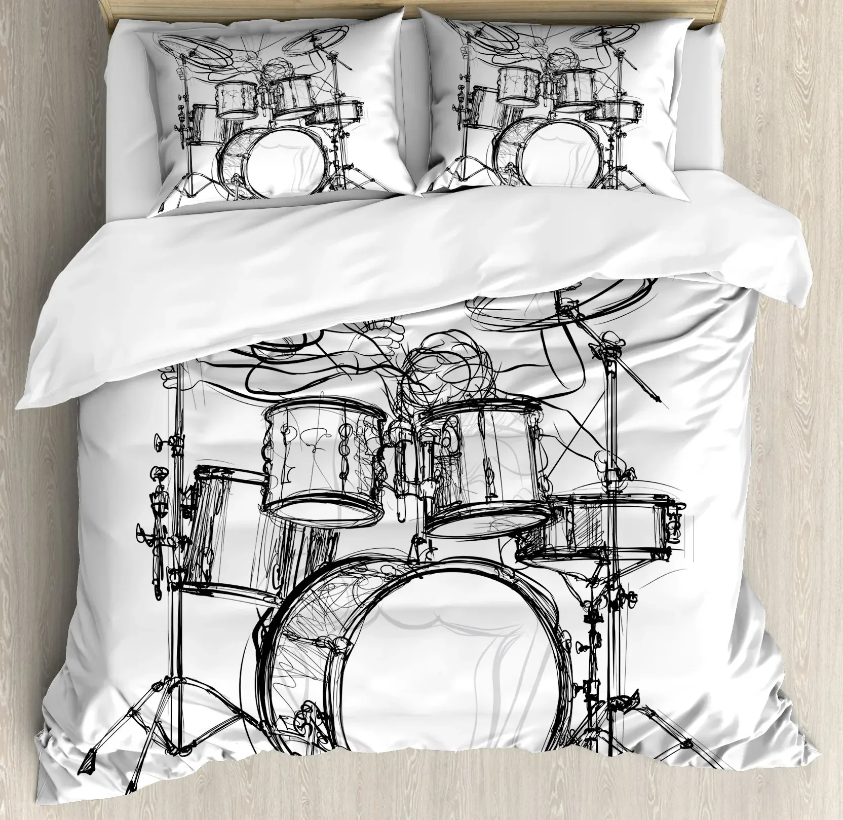 Rock Music White and Black Duvet Cover Doodle Drawing Sketch Drummer Musical Inspirations Monochrome Arrangement Decorative Kids