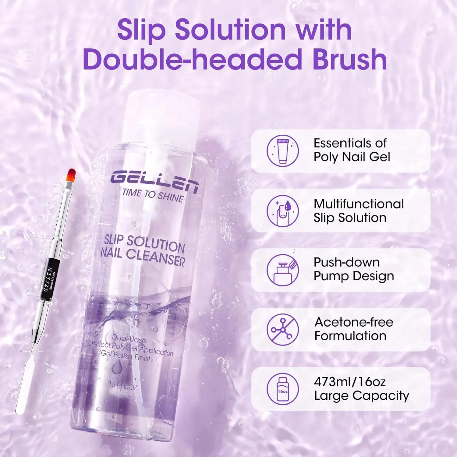 Polygel Slip Solution 473ml Anti Stick Liquid Nail Cleanser Pump Bottle with Nail Brush Professional Nail Extension Gel Remover