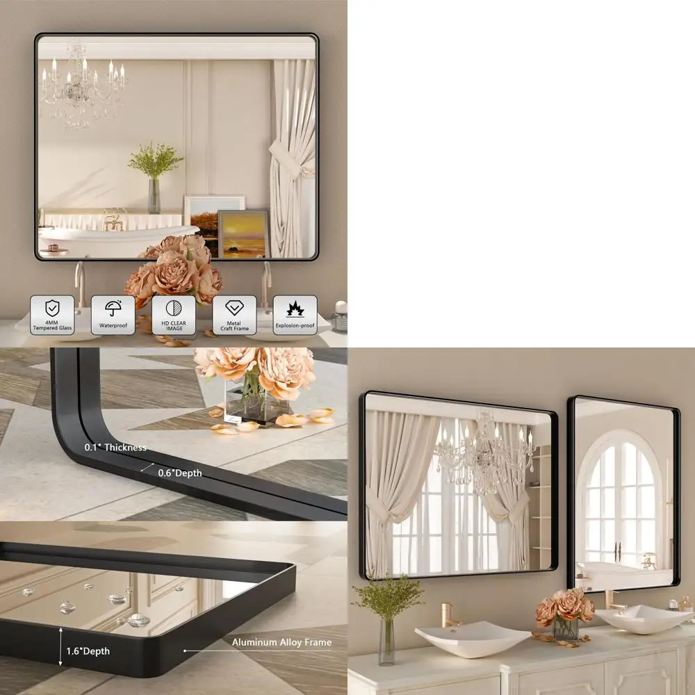 

40x32 Inch Black Metal Vanity Mirror with Rounded Matte Black Frame and Tempered Glass, Anti-Rust for Horizontal or Vertical Pla