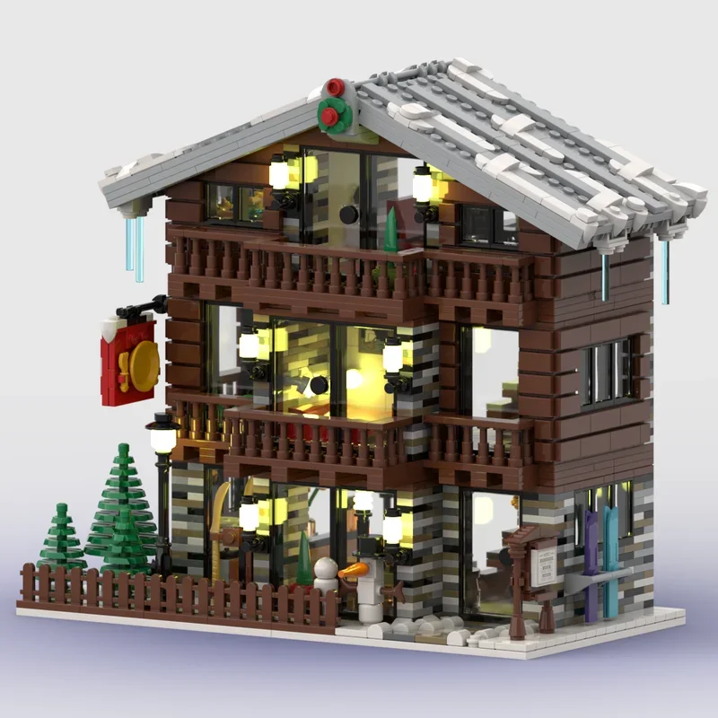 Bloc de construction Moc Village d'hiver technologie suisse de Restaurant et d'hôtel modèle de brique modulaire cadeau jouet de noël ensemble de bricolage assemblage