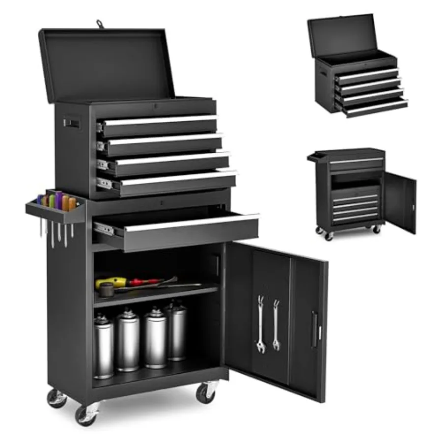 Rolling Tool Chest with Detachable Top Toolbox for garage use, steel construction, black finish, heavy-duty casters and integra