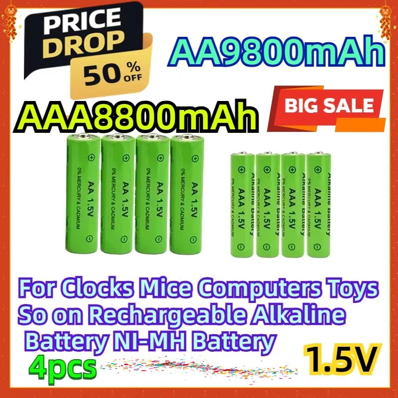 For Clocks Mice Computers Toys So on 1.5V AA9800mAh AAA8800mAh Rechargeable Alkaline Battery NI-MH Battery 4pcs