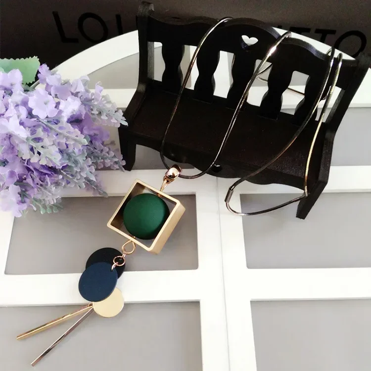 Korea Vintage Tassel Long Sweater Chain Necklace For Women Jewelry Accessories Bohemian Geometric Circle Round