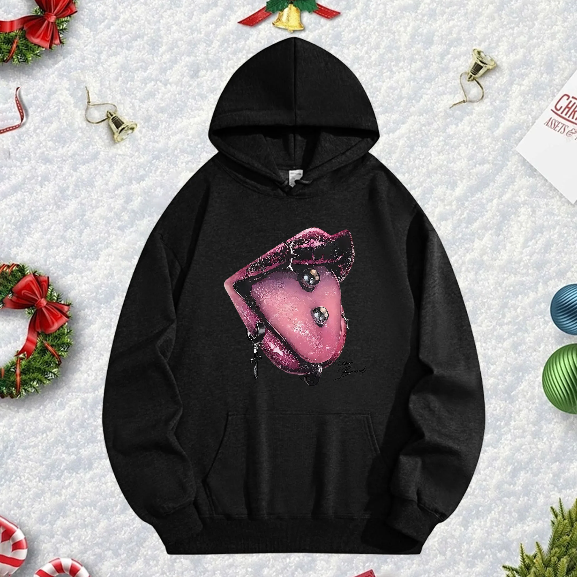 

Черная толстовка с капюшоном WICKED LIPS SINFUL TONGUE 270 г для мужчин и женщин, уютный флисовый пуловер большого размера для осенне-зимнего рождественского сезона