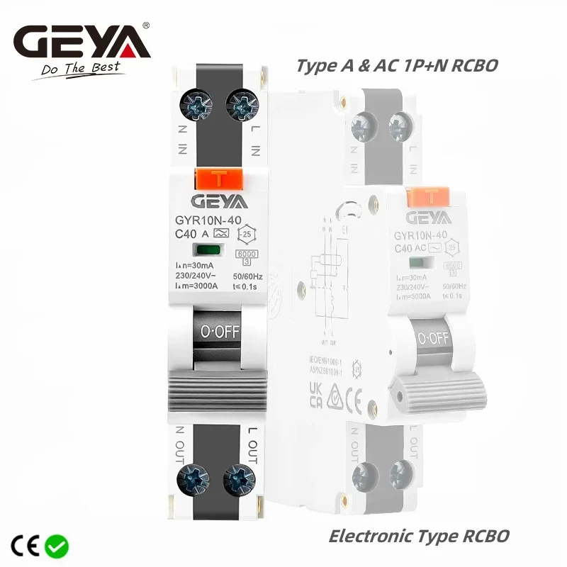 GEYA Electronic RCBO 1P+N - 40A/230V, 18mm/6KA, Overcurrent & Residual Protection