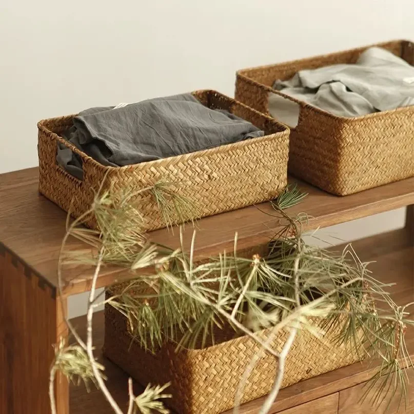 Cesta de mimbre de algas marinas tejida para decoración del hogar, cesta de mimbre natural, cesta de almacenamiento, cesta para frutas, pan y toallas, mesa de cocina, ratán