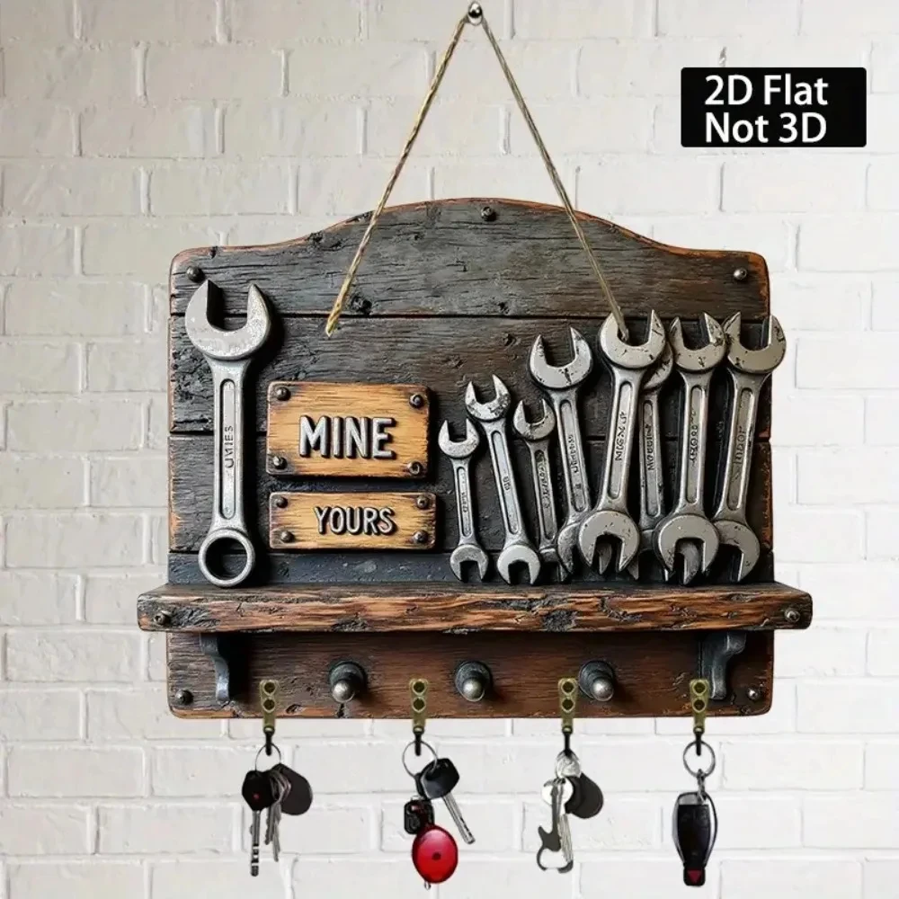 2D Retro Garage Workshop Wooden Key Holder with Four Metal Hooks, Ideal Gift for Home, Workshop, Men's Cave, Garage Decoration