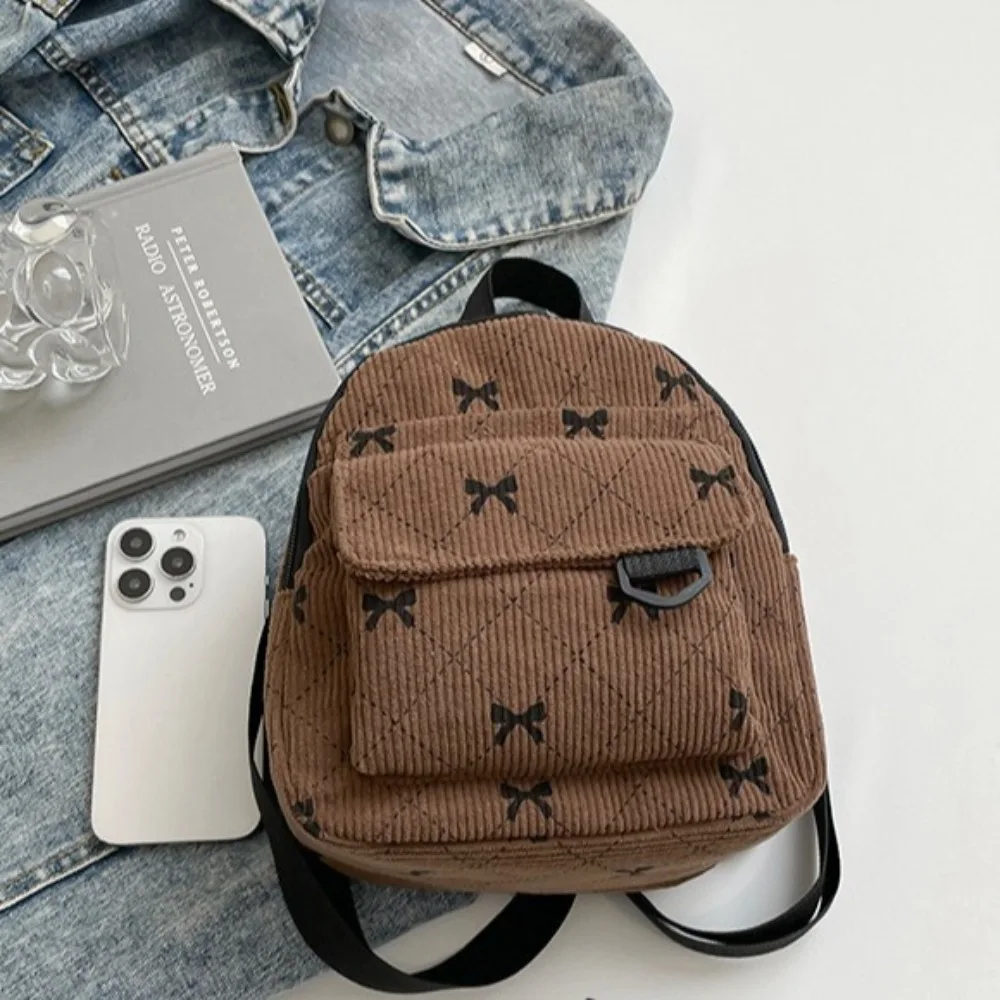 New Mini Backpack Bowknot Printed Sweet Storage Bag Corduroy Korean Version Rucksack Gift