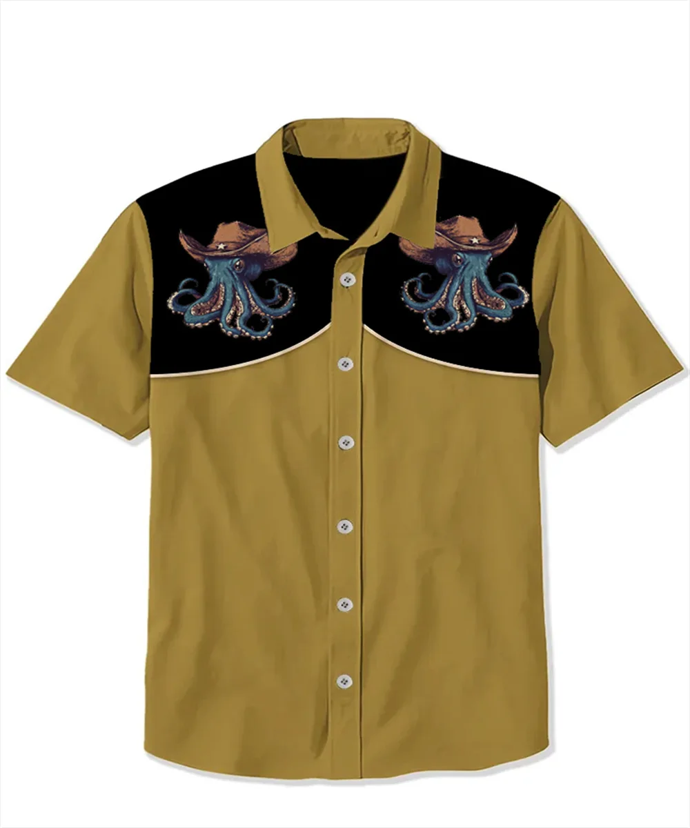 Men's Casual Button Short Sleeve Shirt Printed Octopus Pattern Comfortable Short Sleeve Men's Breathable Lapel Shirt Fashion Top