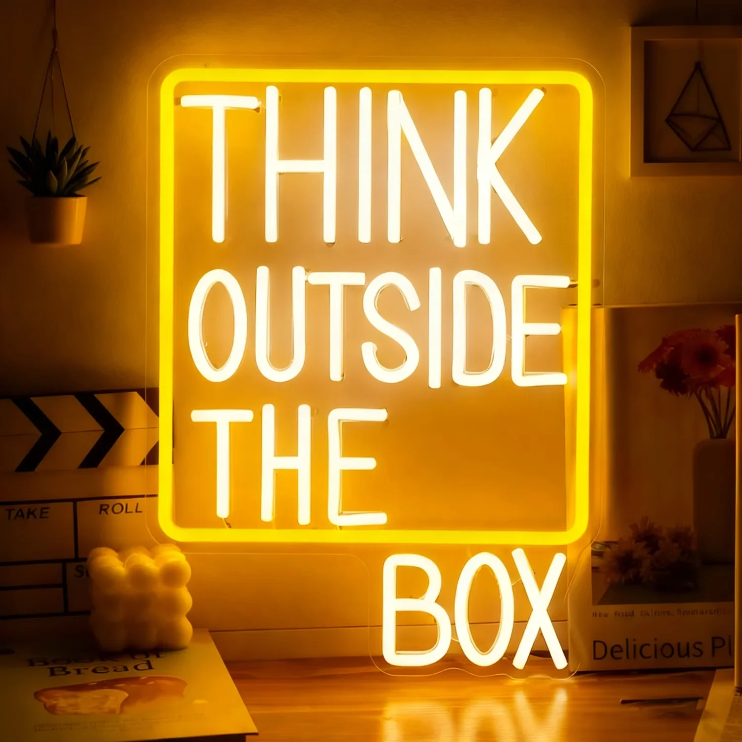 Think Outside The Box Neon Sign LED USB Powered Dimmable Wall Light for Office Garage Workspace Creative Studio Birthday Gift