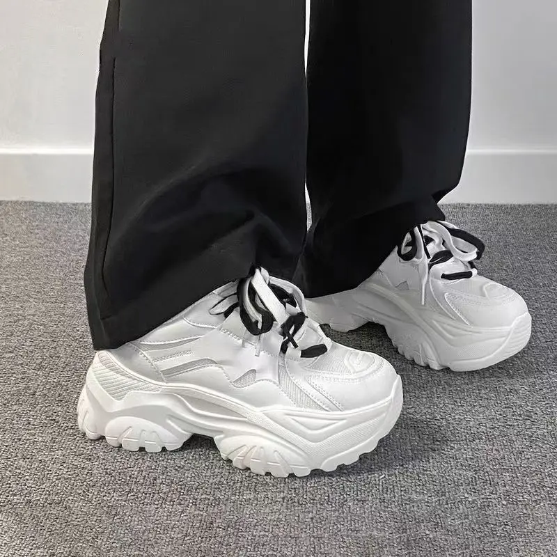 

White Platform Sneakers for Women 2025 Spring and Autumn Lace-Up Thick Bottom Vulcanize Shoes Woman Breathable Mesh Sports Shoes