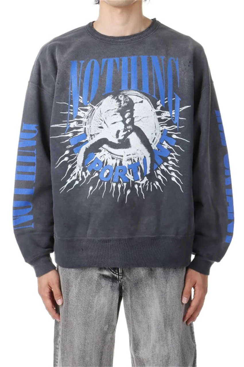 

Классический лонгслив SAINT с принтом, винтажный, с эффектом потертости, круглый вырез, длинный рукав, повседневный, свободный крой, из хлопка, в японском стиле