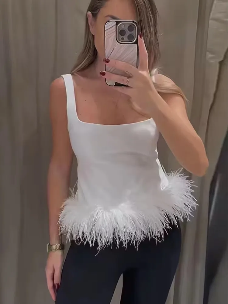 TRAF 2024 Fashion  Feathers Strap Top For Women Chic Ladies White Corset Top Backless Sexy Crop Top Sleeveless Short Tops