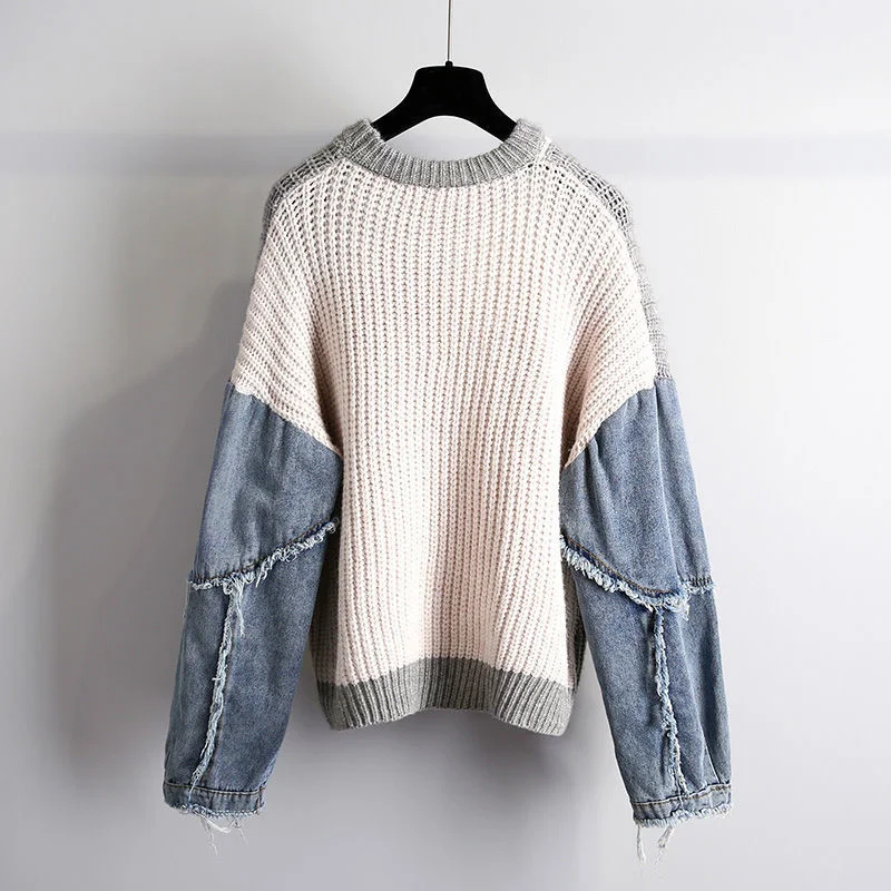 Luxury Women Denim Stitch Long Sleeve Sweater Patchwork Jeans Pullovers Fall Spring Knitwear Thicken Knited Shirts Jumper Tops