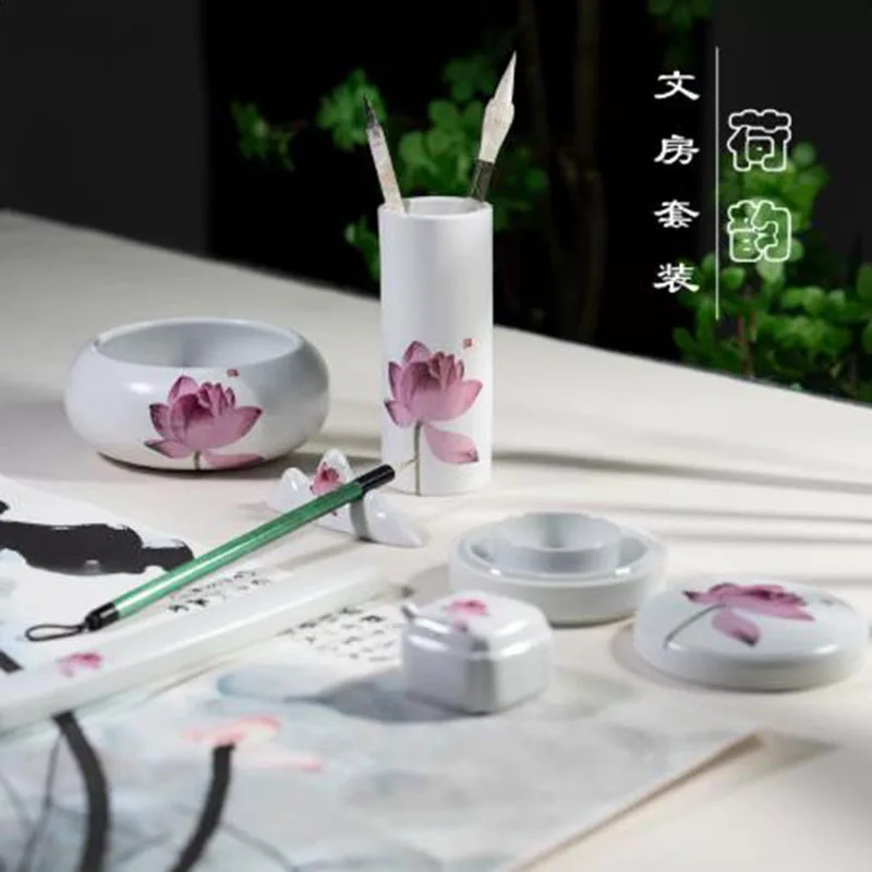 6 Pcs Calligraphy Set, Ceramic Brush Holder with Paperweight & Rest, Traditional Chinese Painting Writing Kit Gift for Art Lover