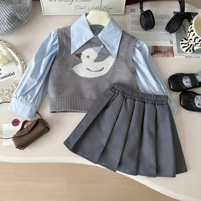 

Children's Outfit Skirt New Autumn Girls Cute Korean Style Trendy College StyleJKPleated Skirt Refreshing Three-Piece Set