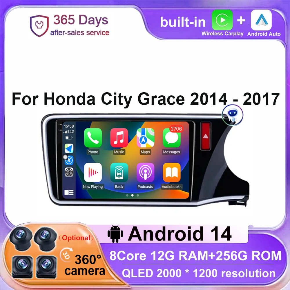 

For Honda City Grace 2014 - 2017 RHD Android 14 Car Radio Multimedia Video Player Carplay Auto Navigation Stereo GPS BT 4G WIFI