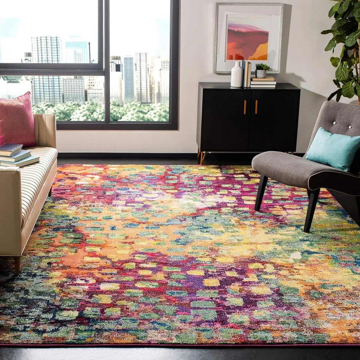 Monaco Collection Area Rug Pink Multi Boho Chic Abstract Watercolor Design Ideal for High Traffic Areas in Living Room, Bedroom