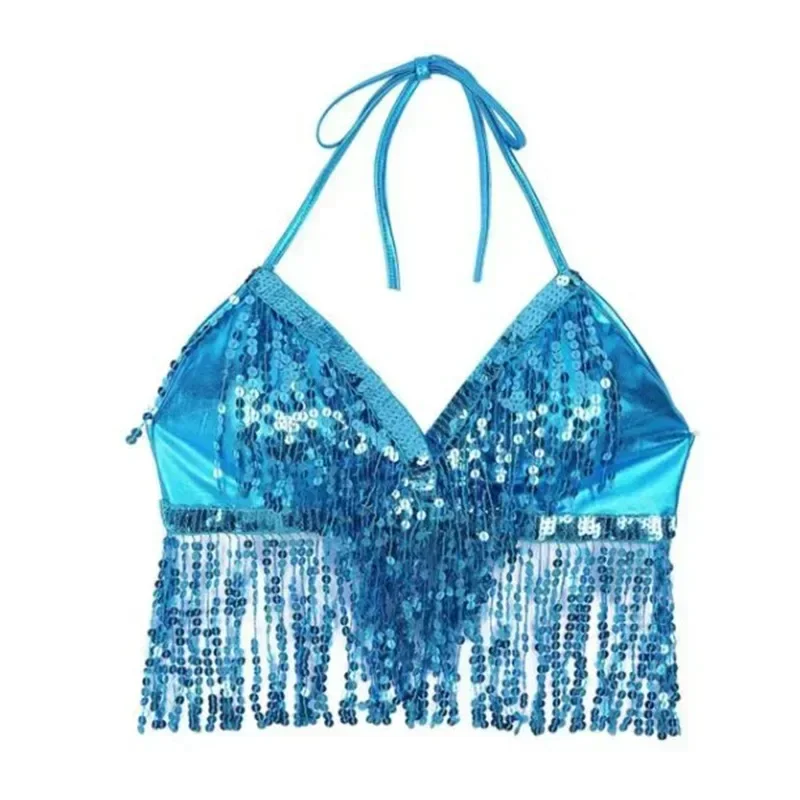 Halter Top Bra Sexy Party Costume Sequin Tassel Temptation Stage Performance Top Belly Dance Latin Sequin for Adult Crop Tops
