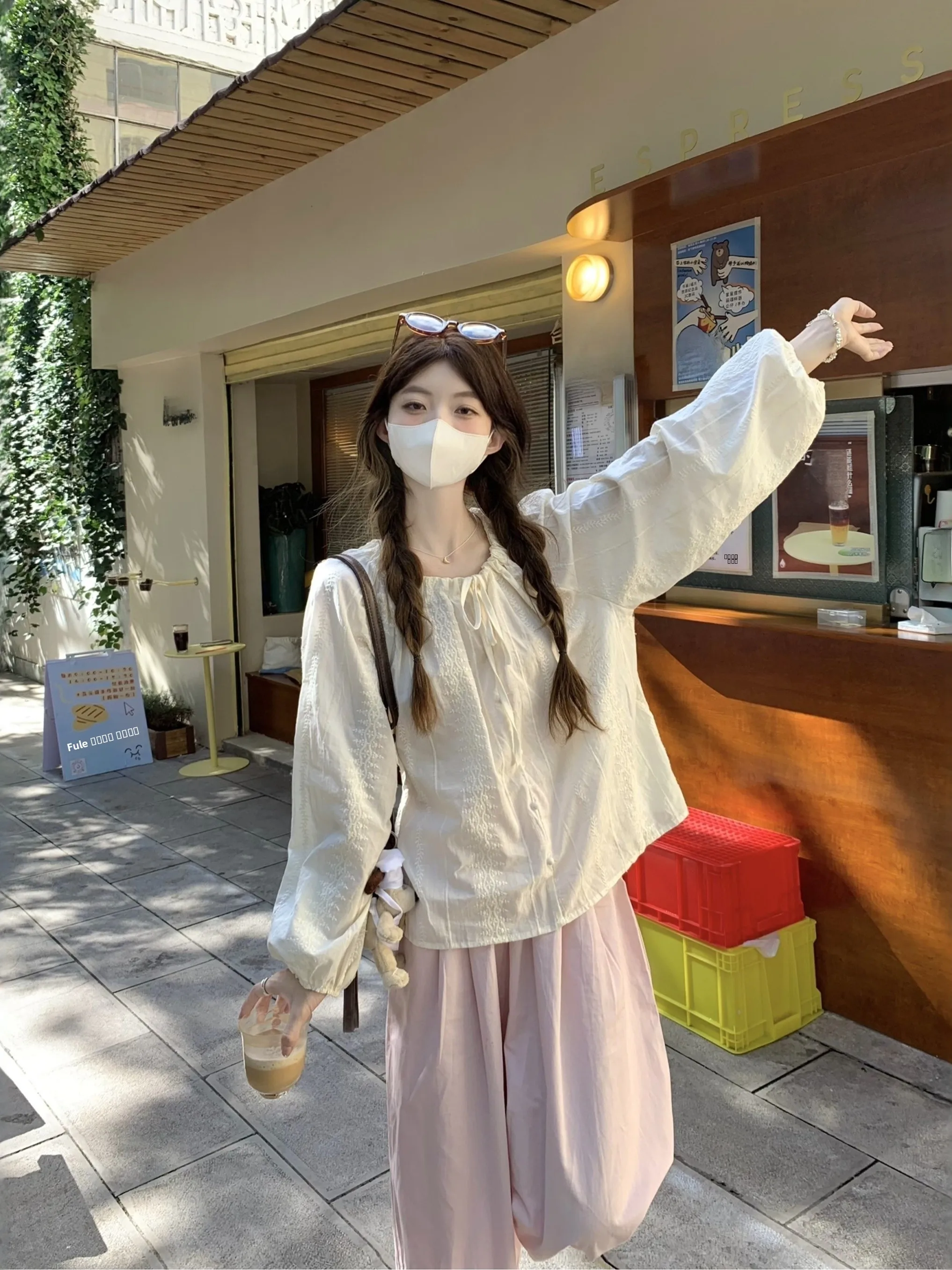 

Women's Long Sleeve Shirt Lantern Sleeve Embroidery Design Belted Spring Fashion Loose Slimming Top Commute Style Korean Version