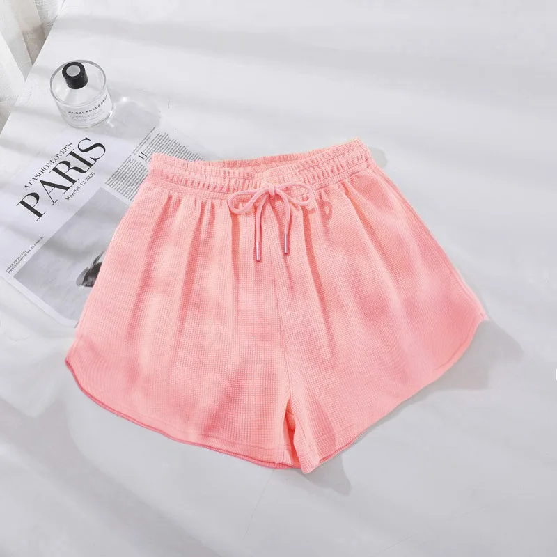 Pantaloncini, completo da migliore amico a vita alta con waffle da donna, sport per studenti, vestibilità ampia, dimagranti, pantaloni casual a gamba larga per la casa