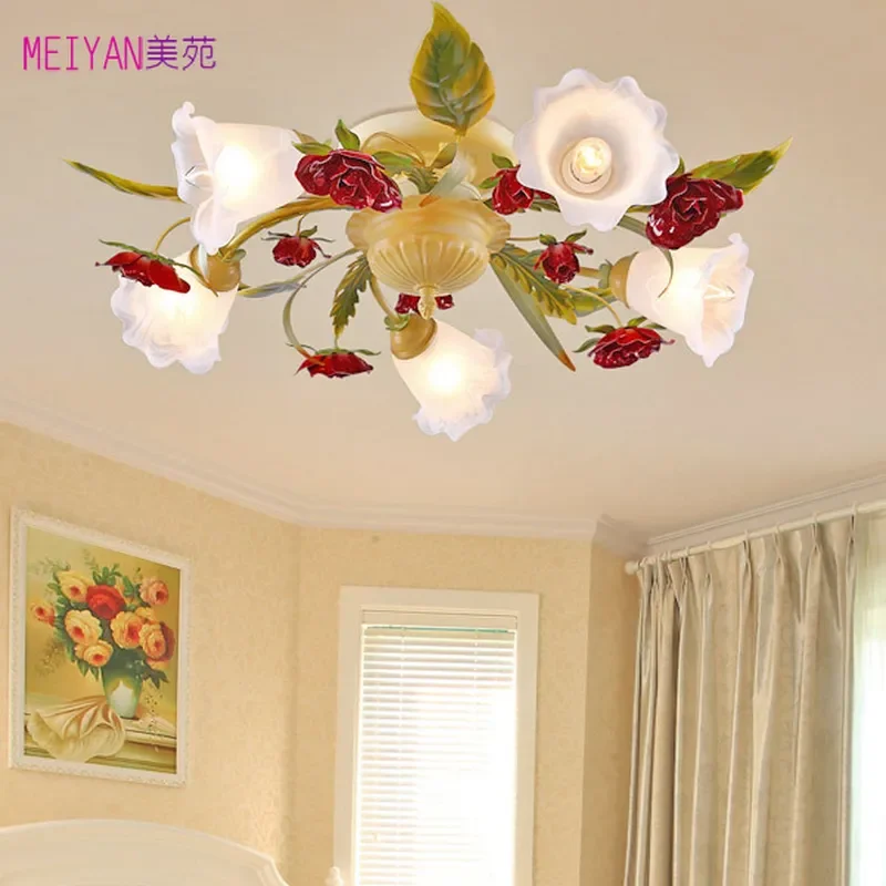 Jiayuan Pastoral Ceiling Lamp Romantic Wrought Iron Mediterranean Creative Warm Light for Living Room Dining Room Bedroom