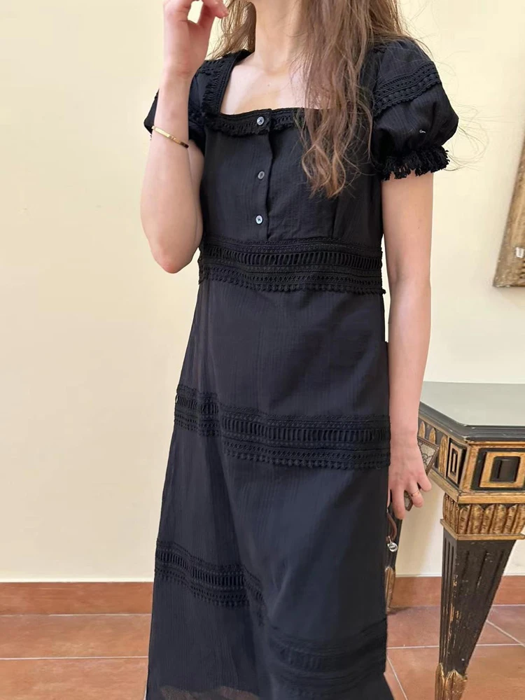 Ele Long Dr pour femmes avec Bubble Sves dentelle épissage gland Design Vintage col carré fée jupe coréenne Sle