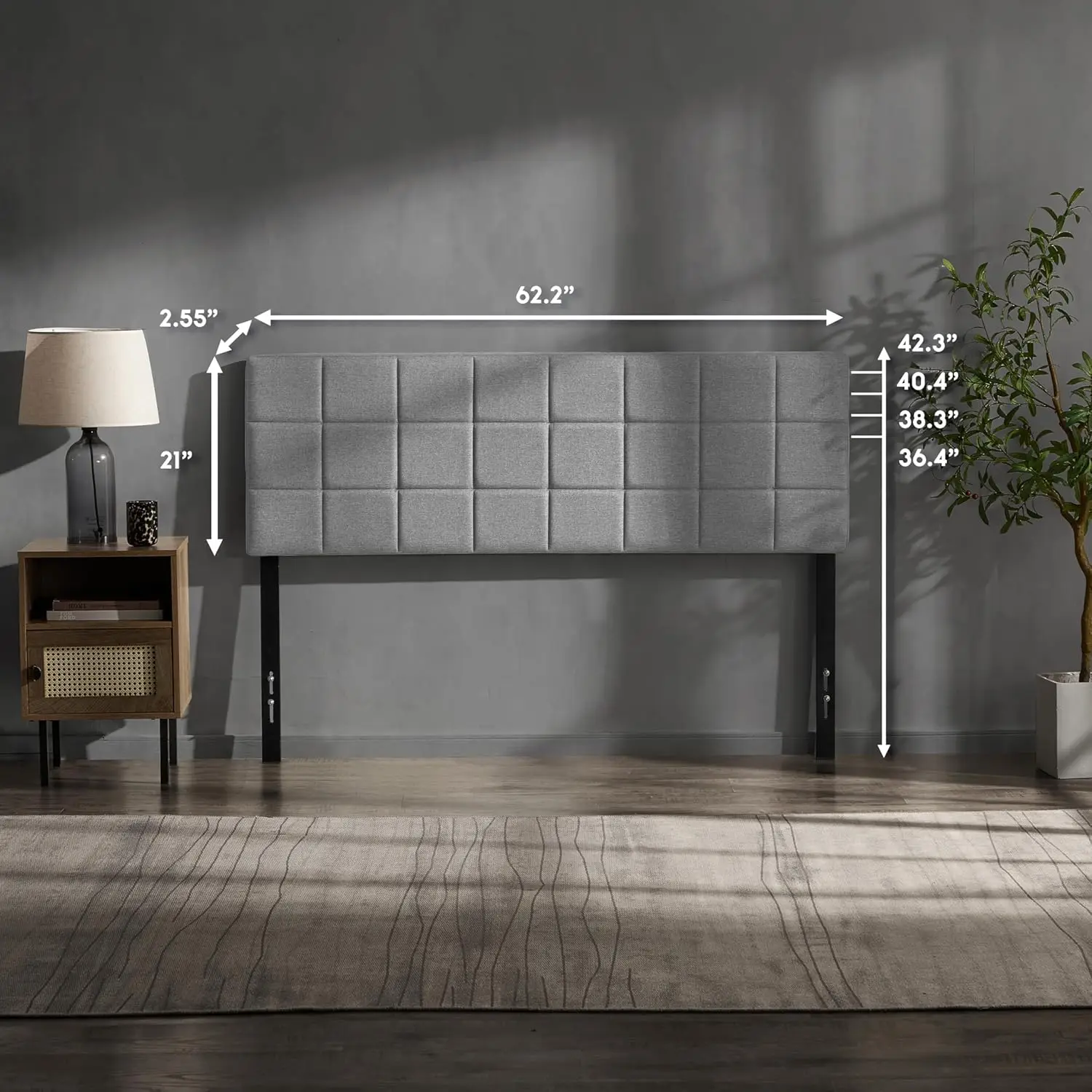 

Bed Headboard, Square Tufted Linen Queen Headboard Only, Upholstered, Wall Mounted, Adjustable Height 34'-42', Modern, Silver