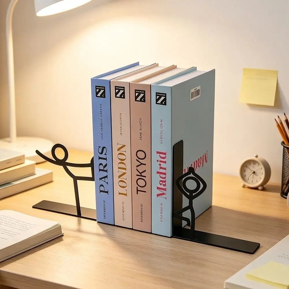 1Pair Multifunctional Iron Art Metal Bookends Stick Figure Human Shape Book Holder Desktop Decorative Bookend Home Office Desk