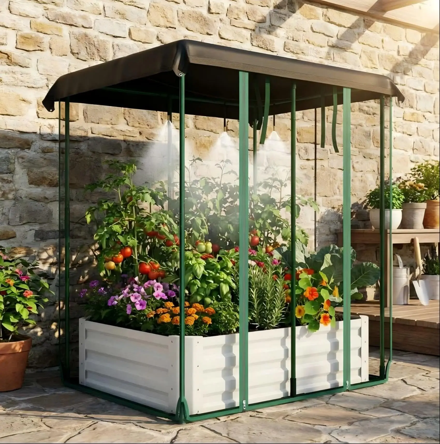 Bac à légumes surélevé galvanisé avec système d'auto-arrosage, filet anti-insectes et irrigation goutte à goutte - Grand bac à plantes en métal durable pour légumes, herbes et fleurs - Utilisation extérieure