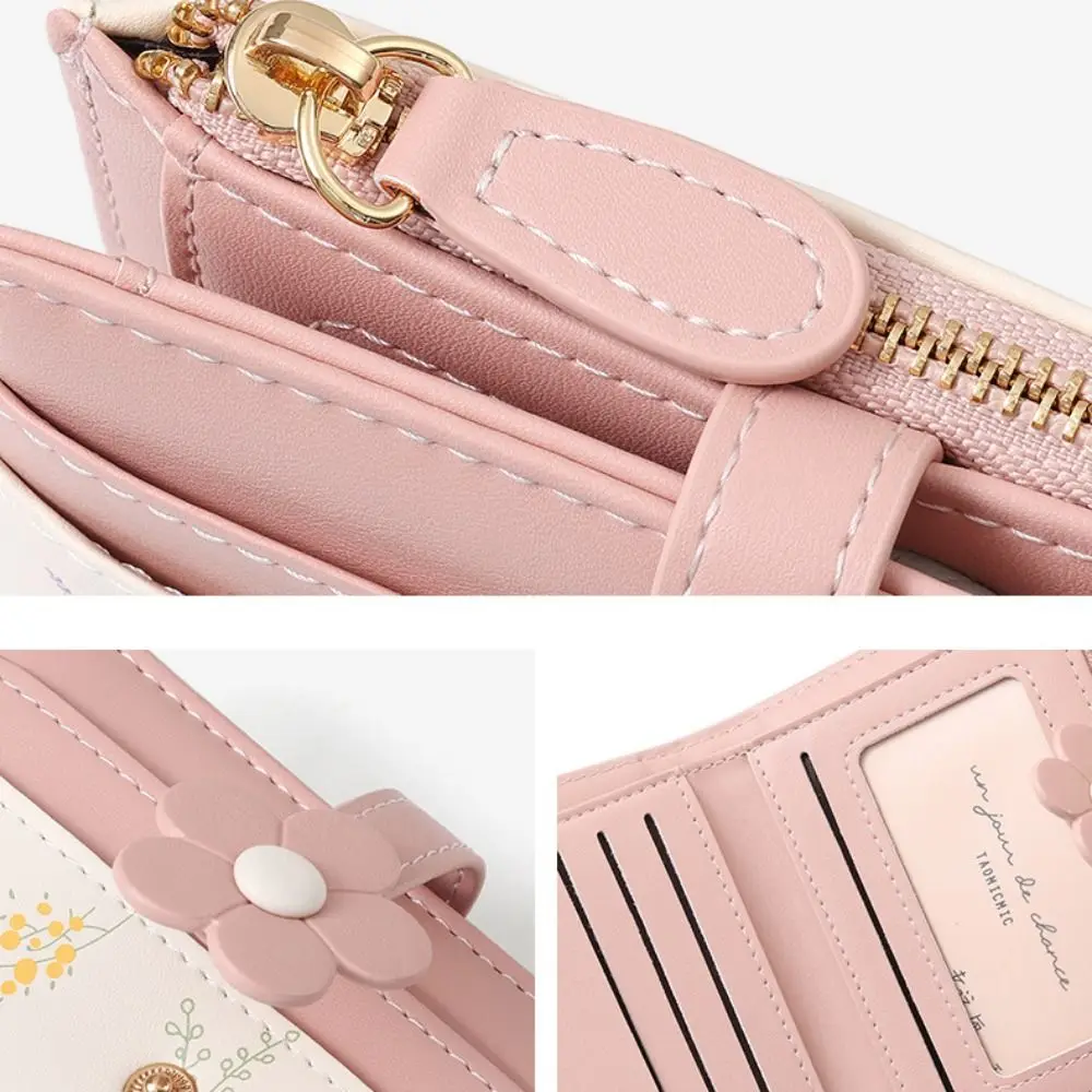 Fashion Flowers Printed Mini Coin Purse PU Leather Zipper Women's Short Wallet Creative Multi-Cards Slot Small Card Bag Unisex