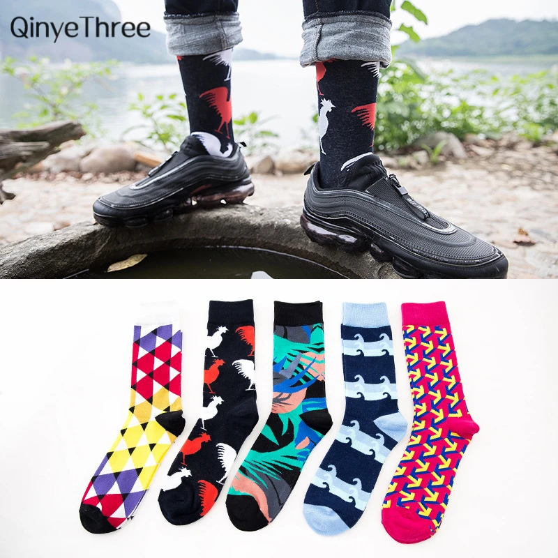 New Men Art Harajuku Jacquard Crew Street Abstract Geometry Cock Leaves Arrow Ripple Hip Hop Business Happy Socks Dropship