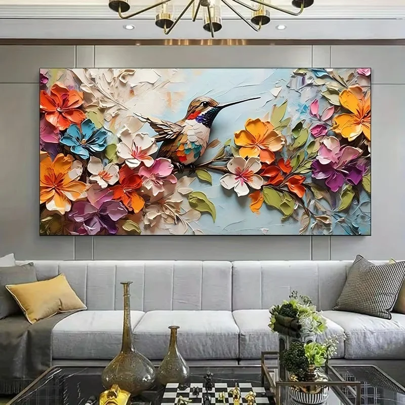 Modern Vibrant Floral Hummingbird Canvas Painting Wall Art Colorful Poster Prints Decor Artwork for Living Room and Bedroom