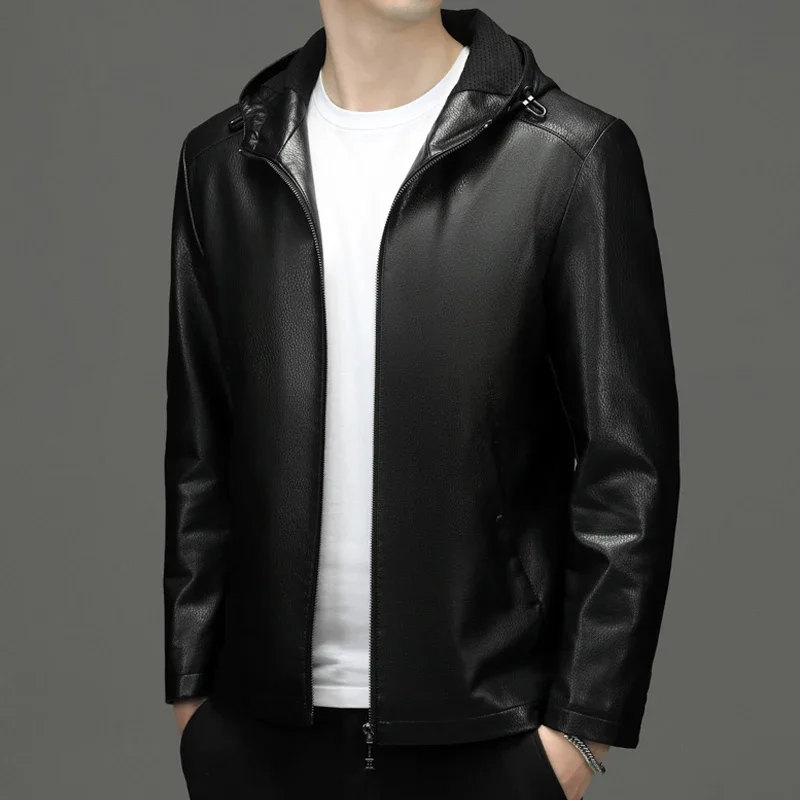 and Spring Autumn New Haining Genuine Leather Clothes Men's Casual Thin Hooded Jacket High-End Fleece-Lined Korean Style Coat