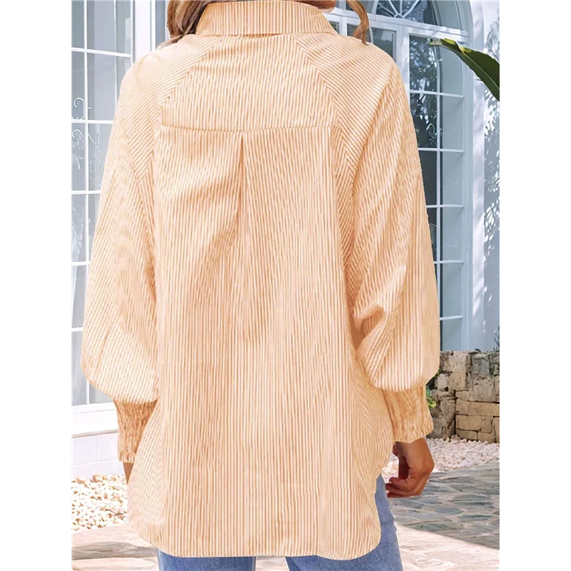 قميص نسائي مخطط بأزرار سفلية بلوزة صديقها مكبلة بأكمام مكشكشة ملابس علوية غير رسمية مع جيوب