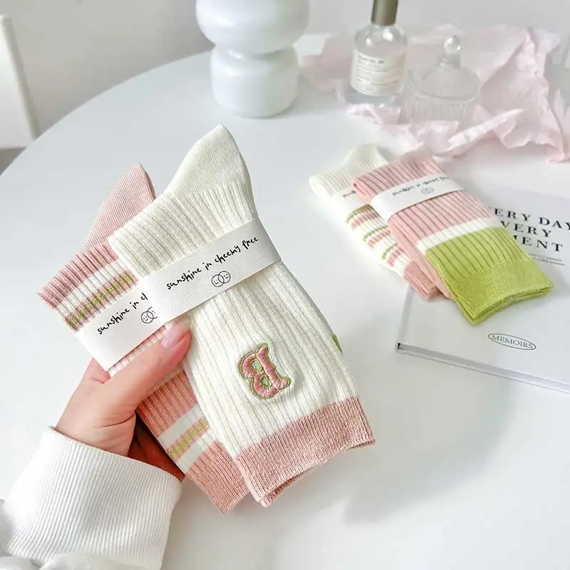 4 Pairs Women's Socks Set Korean Sweet Letter Stripes Kawaii Cute Casual Preppy Verstaile High-quality Breathable Socks For Girl