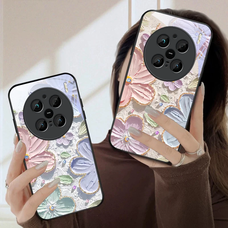 Cream Garden Flower Realm For vivo X100 X70 X90 Pro+ X80 X200 Promini V29 V23 V30 V25 V40SE V21 V25E V23e Black Glass Phone Case view 2